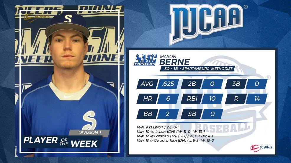 Mason Berne named NJCAA National Baseball Player of the Week